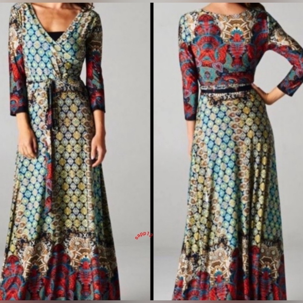 Moroccan Boho Faux Wrap Maxi Dress 🌿 | V-Neck | Belted | Statement Print - Picture 2 of 15